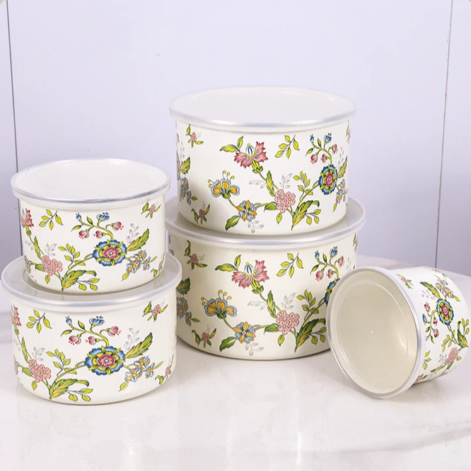 五件套珐琅釉下彩加厚搪瓷带盖保鲜盒可加热冷藏保鲜套碗【芳香花】