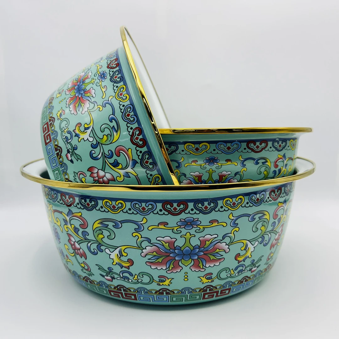 24/28/32cm珐琅搪瓷金边绿钩莲三件套带盖和面盆加厚洗菜盆汤盆