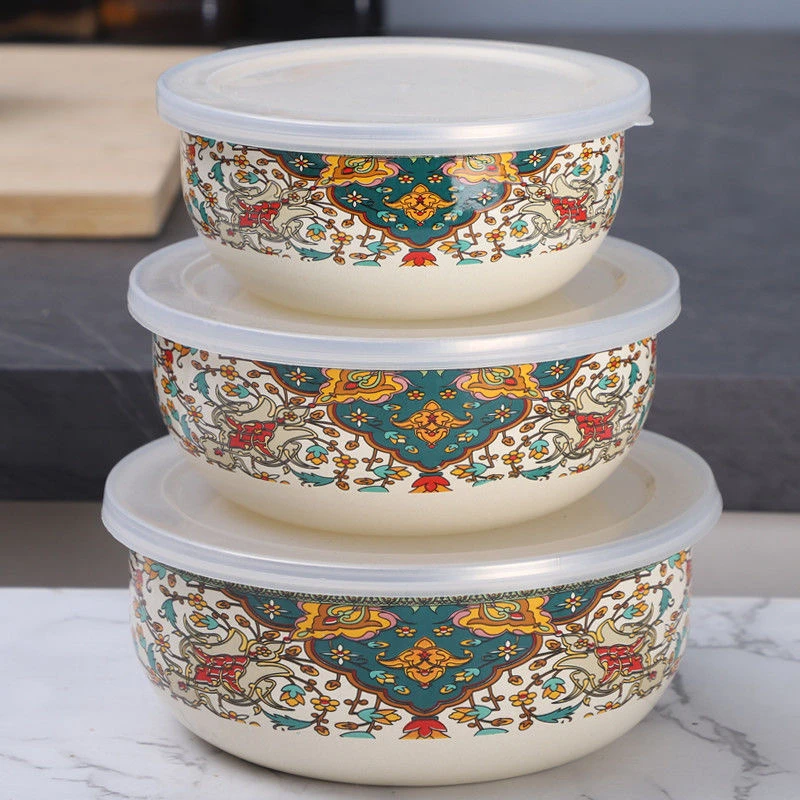加厚珐琅搪瓷带盖三件套保鲜碗储藏密封碗冰箱保鲜套碗【俄罗斯】