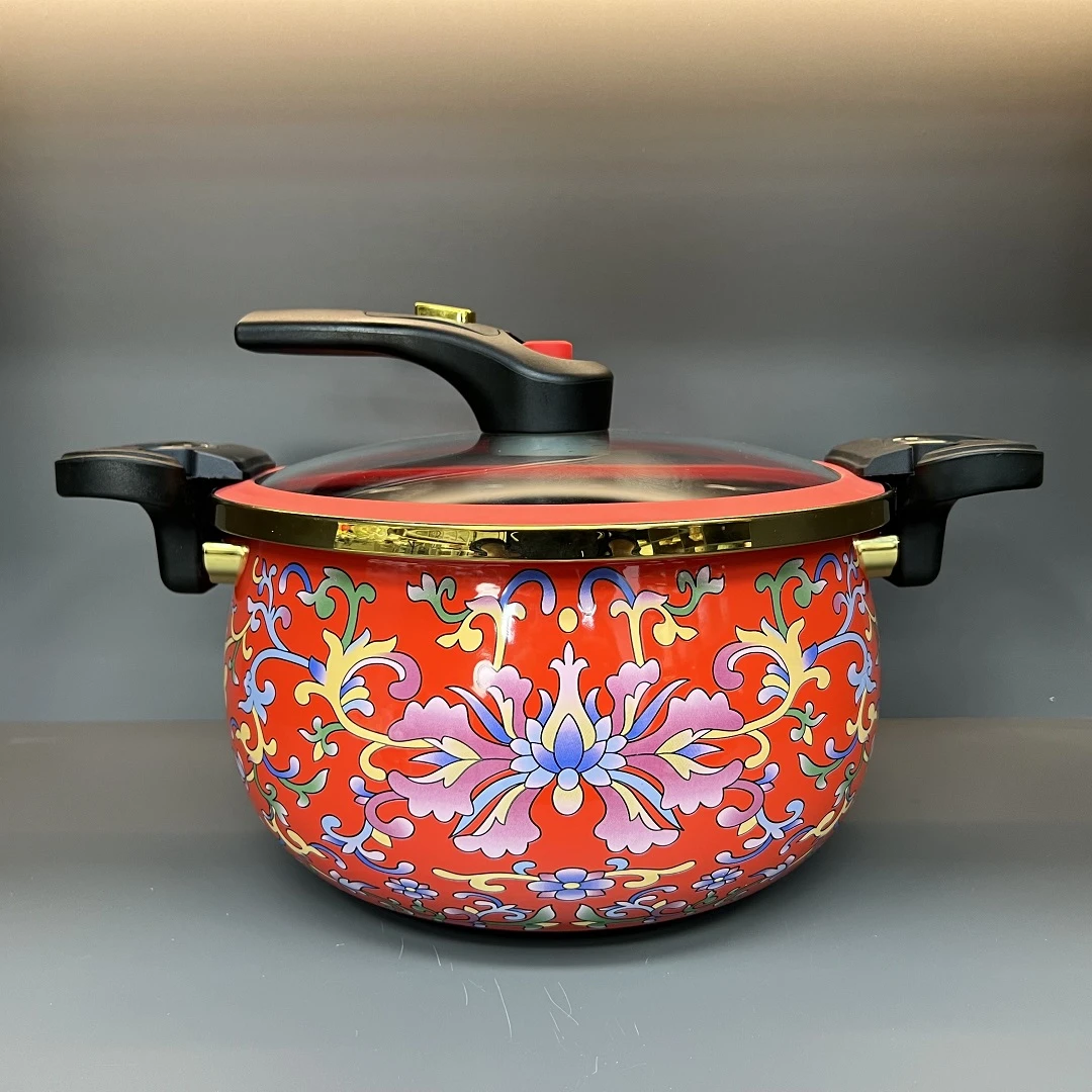 27cm珐琅红钩莲微压锅7L大容量搪瓷压力锅加厚打炖锅（不挑灶具）