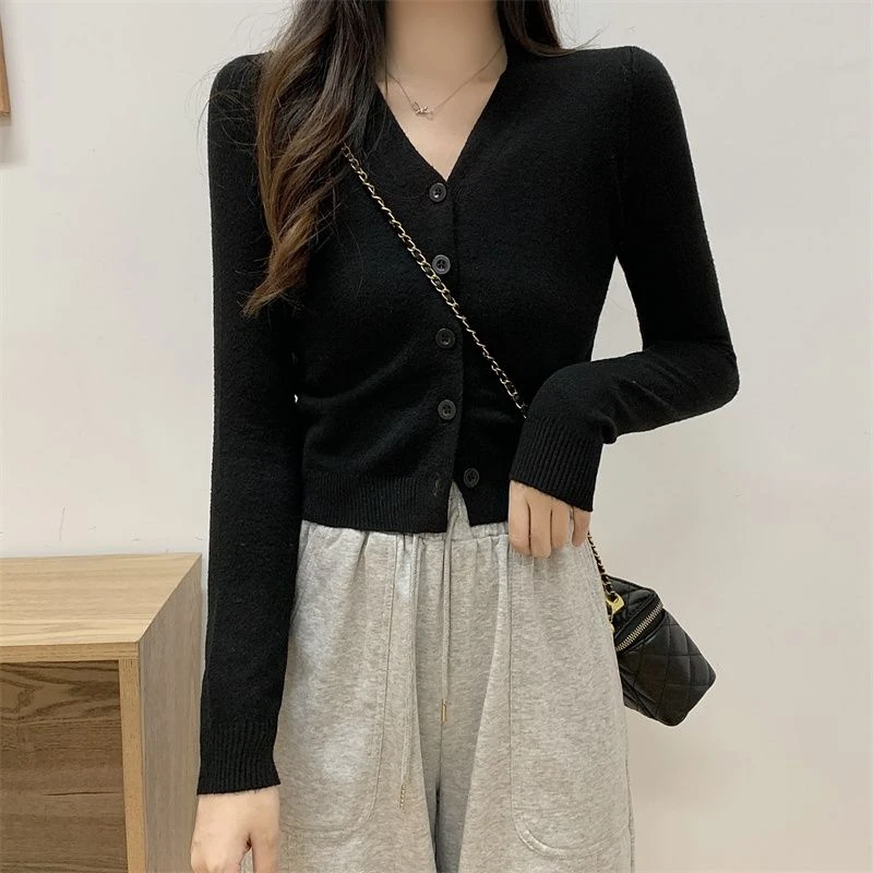 黑色薄款V领开衫长袖针织衫女春秋内搭修身打底显瘦短款上衣外穿