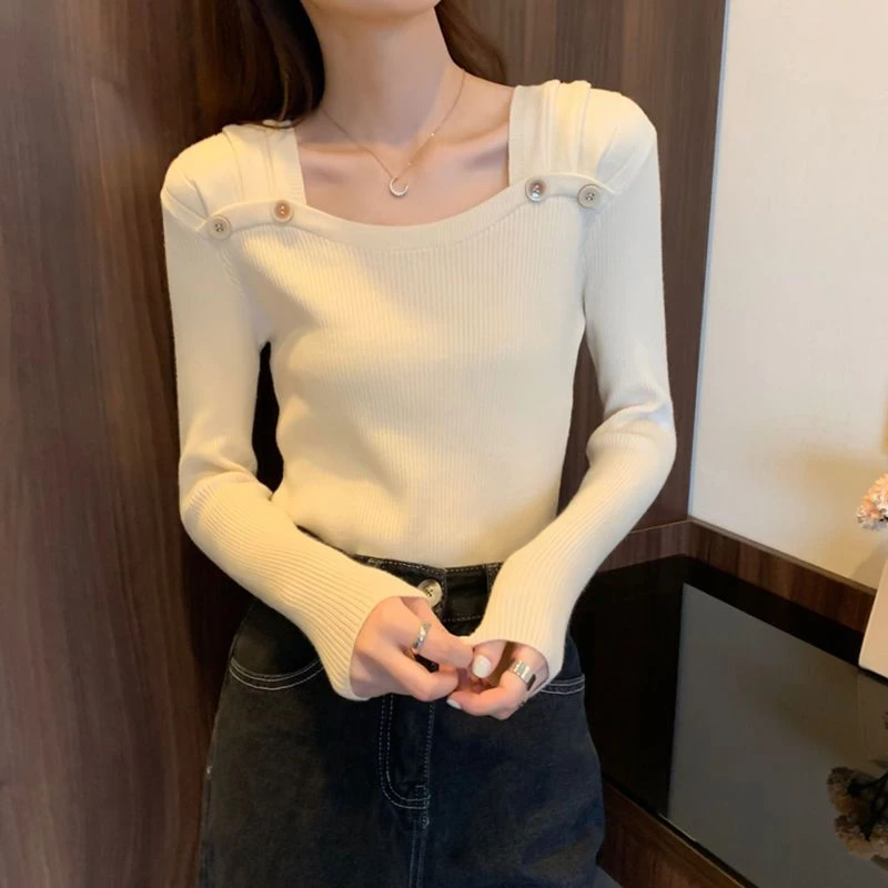 方领毛衣长袖针织打底衫女洋气冬季设计感漏锁骨修身常规上衣内搭