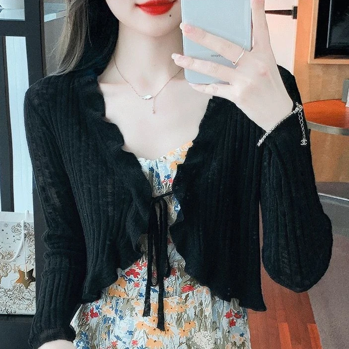法式薄款搭配吊带裙外搭开衫女木耳边绑带短款长袖披肩防晒衫上衣