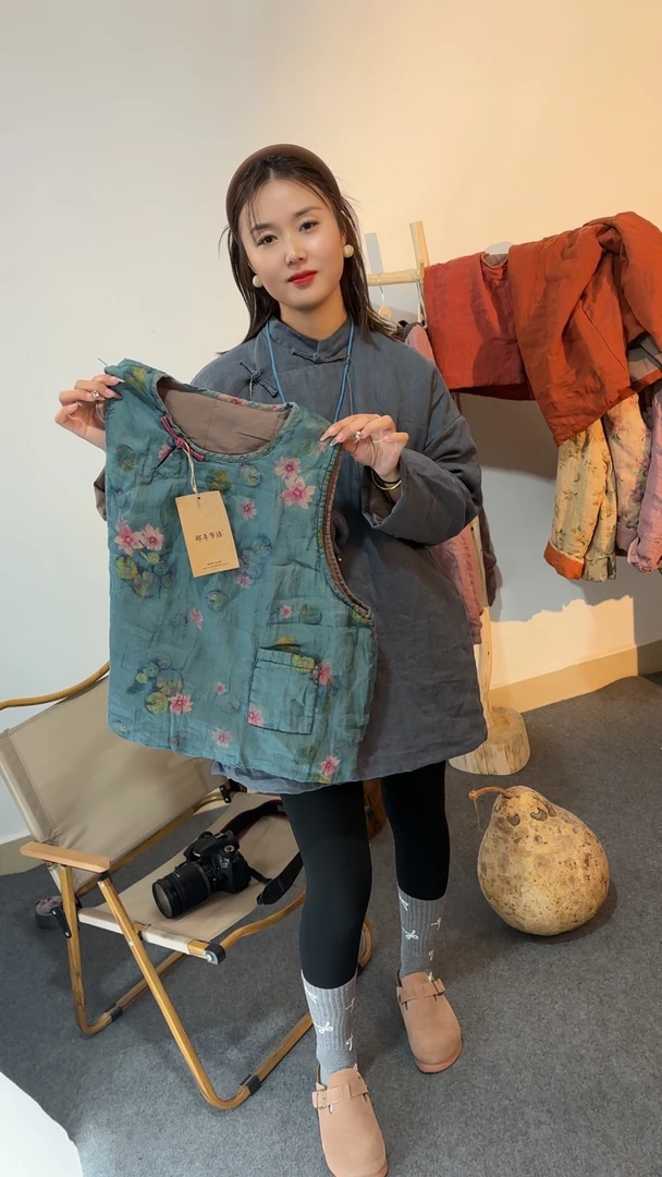 4118自制苎麻印花夹棉女士马甲文艺斜襟盘扣保暖背心 中式棉坎肩