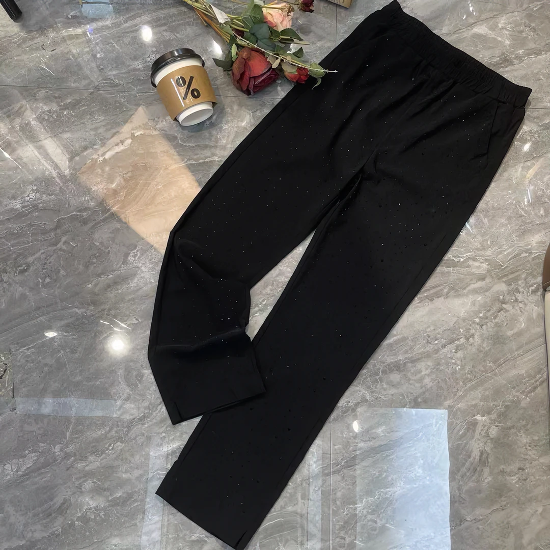 【乔家】K386时尚百搭亮钻黑色显瘦夏季薄款休闲裤纸皮面膜裤