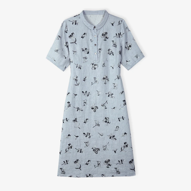 A67855夏季新款碎花亚麻连衣裙女装中年妈妈印花文艺气质显瘦裙子