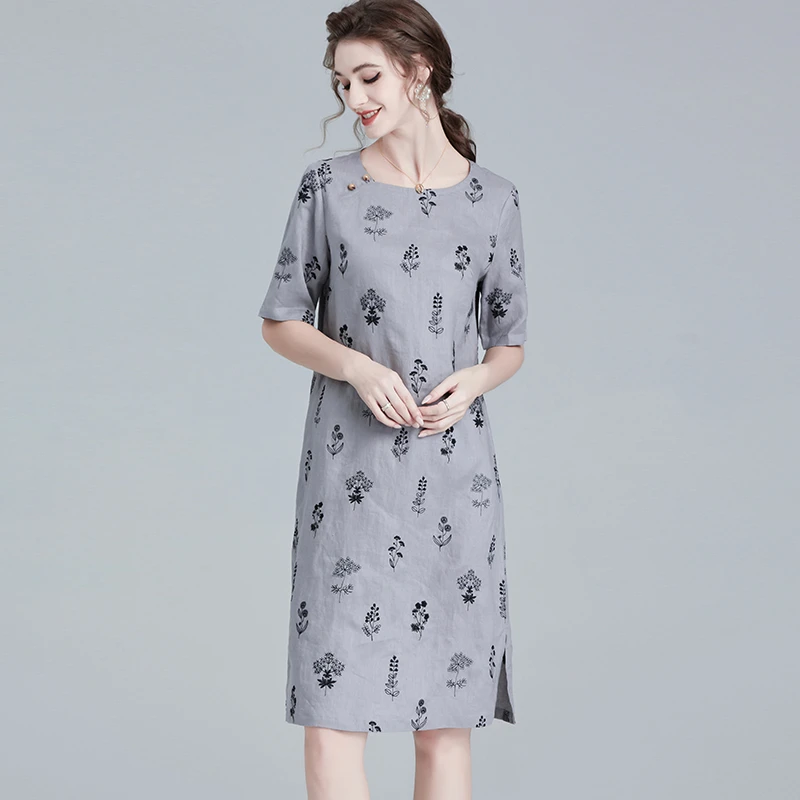 A67832复古文艺气质亚麻女装连衣裙新款夏季大码中年妈妈显瘦裙子