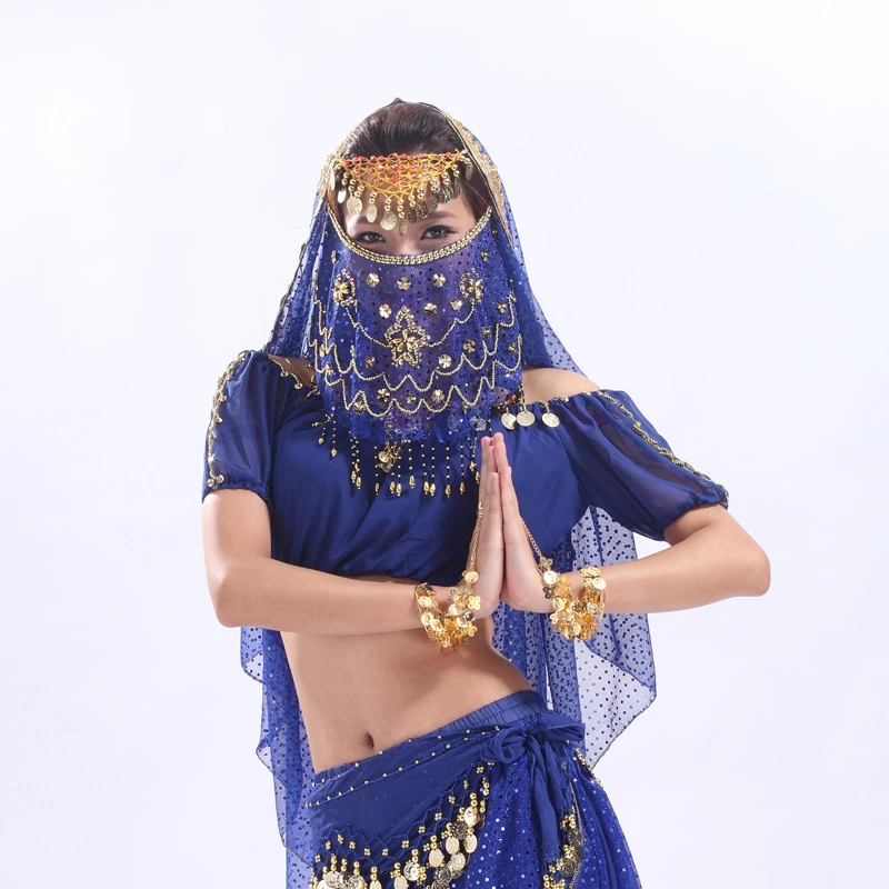 2023新款肚皮舞面纱新款亮片梅花纱巾印度舞蹈初学者练功配饰道