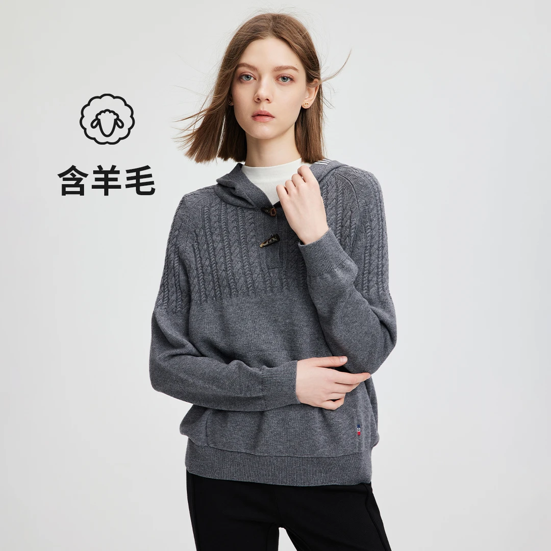 navigare意大利小帆船春秋女士时尚绞花连帽毛衣舒适显瘦针织衫