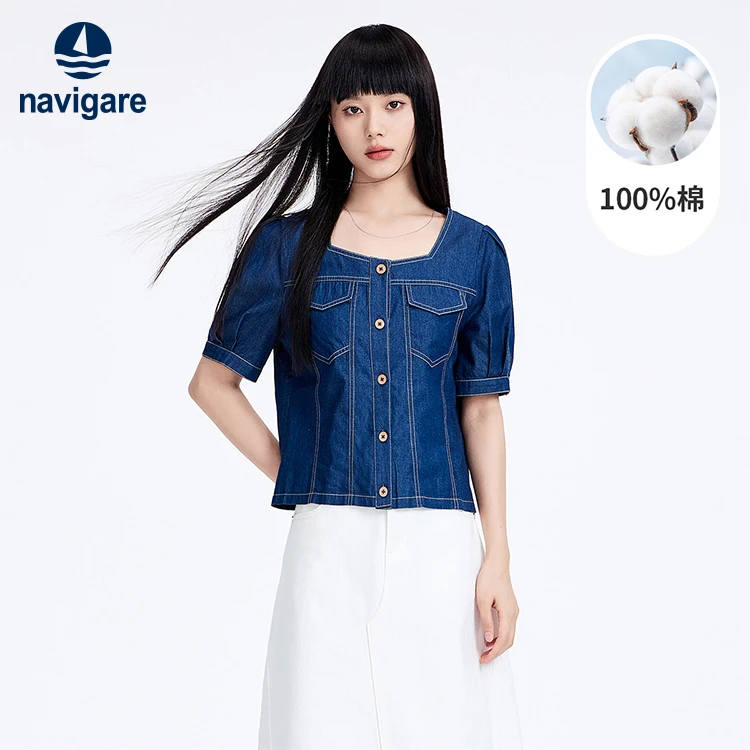 navigare意大利小帆船春夏新款女士时尚复古牛仔上衣纯棉短袖衬衫