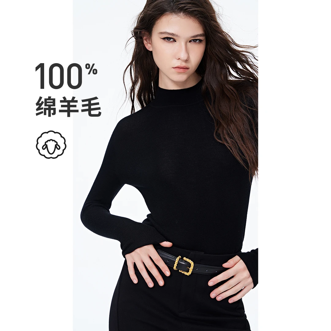 [纯羊毛]navigare意大利小帆船秋冬半高领羊毛衫女士百搭纯色毛衣