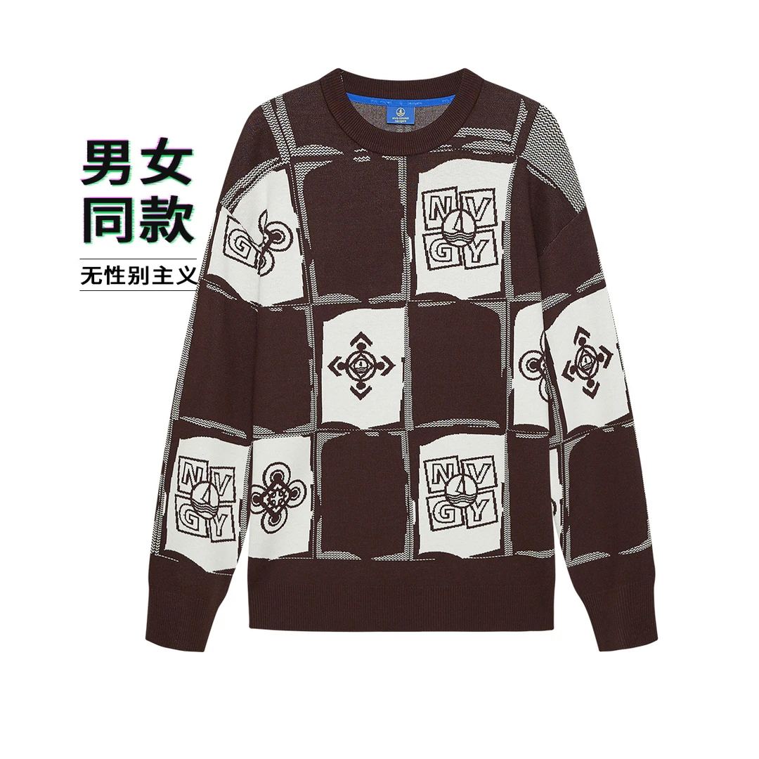 navigare意大利小帆船春秋男女同款格纹提花毛衣长袖圆领针织衫