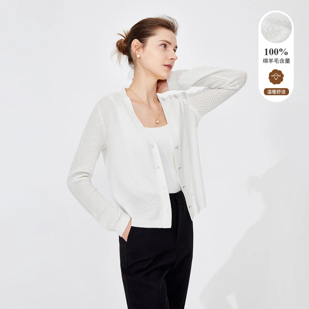 navigare意大利小帆船秋冬女士气质V领纯羊毛针织开衫舒适毛衣