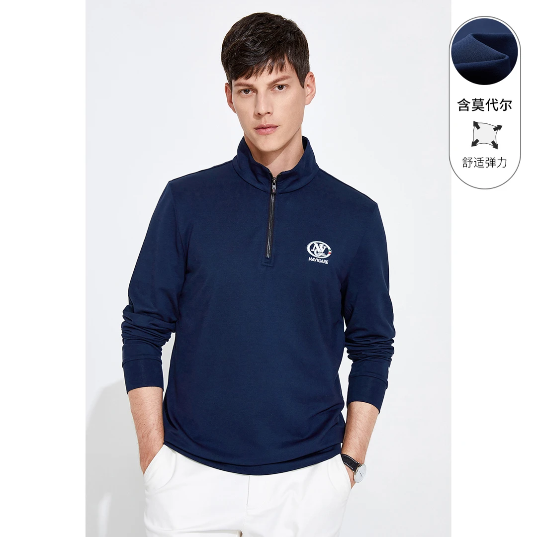 navigare意大利小帆船春秋男士弹力莫代尔拉链立领休闲长袖T恤