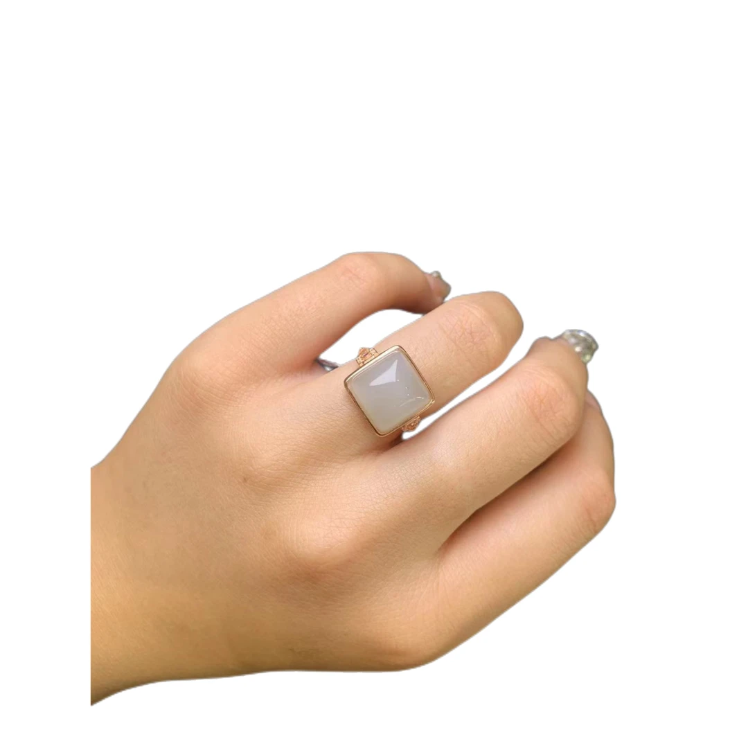 【玉在东方】红钻烟紫戒浅和田玉戒指s925银镀金戒指，素款女士戒指