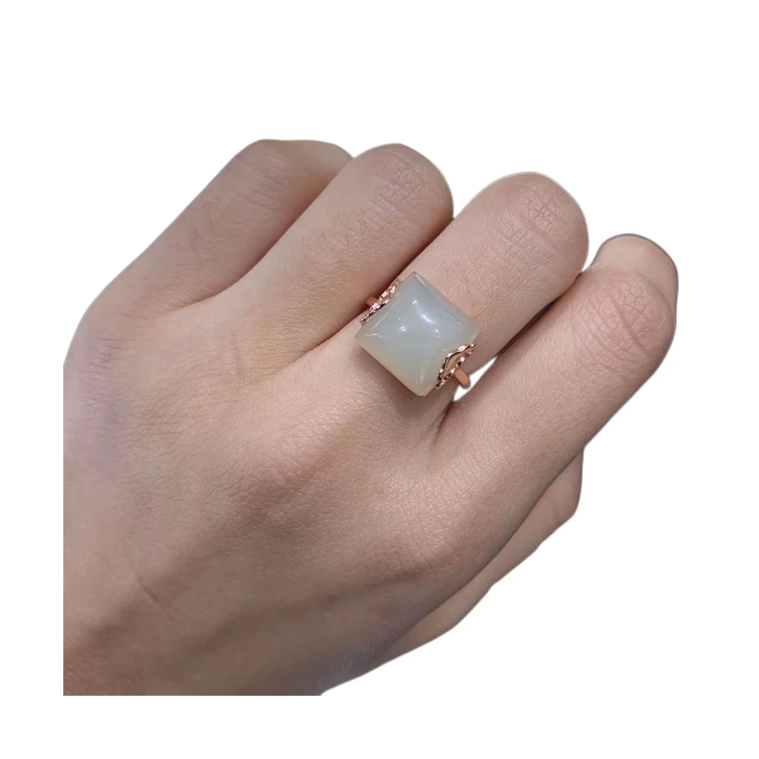 【玉在东方】双边云朵戒粉 和田玉晴水色戒指 戒托s925银镀金戒指