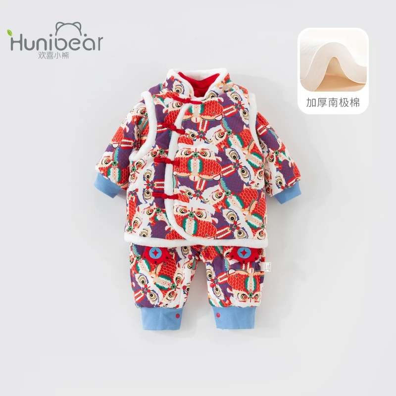 婴儿连体衣套装冬季中国风婴儿拜年服宝宝保暖加厚新生儿红色秋冬