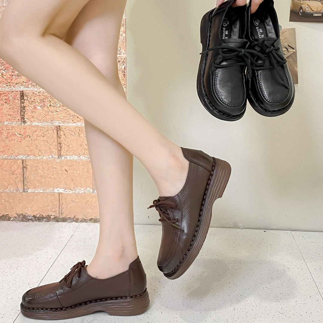 真皮 女鞋 超软 超舒服 女神必备牛皮鞋春秋百搭软底妈妈鞋厚底
