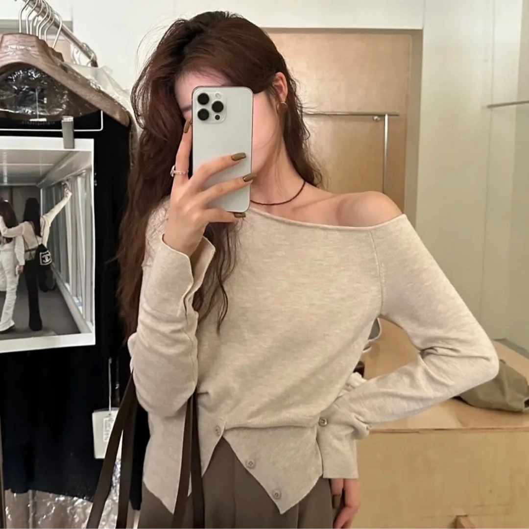 【纯欲天花板】设计感百搭不规则斜肩开叉短款针织衫春秋女上衣