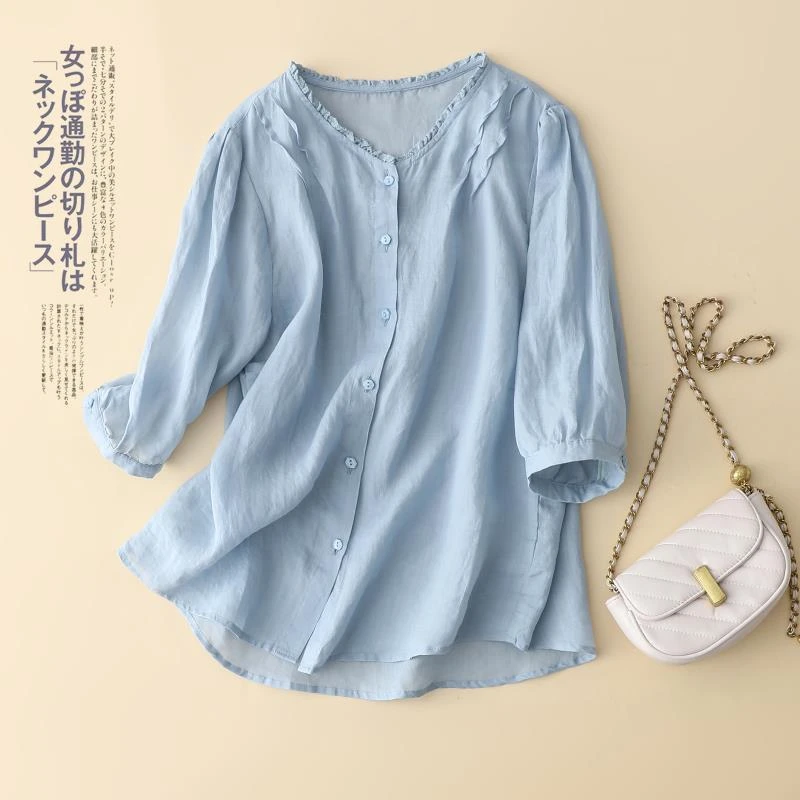 大码宽松七分袖衬衫女2024夏季新款文艺复古遮肉显瘦纯色气质洋气