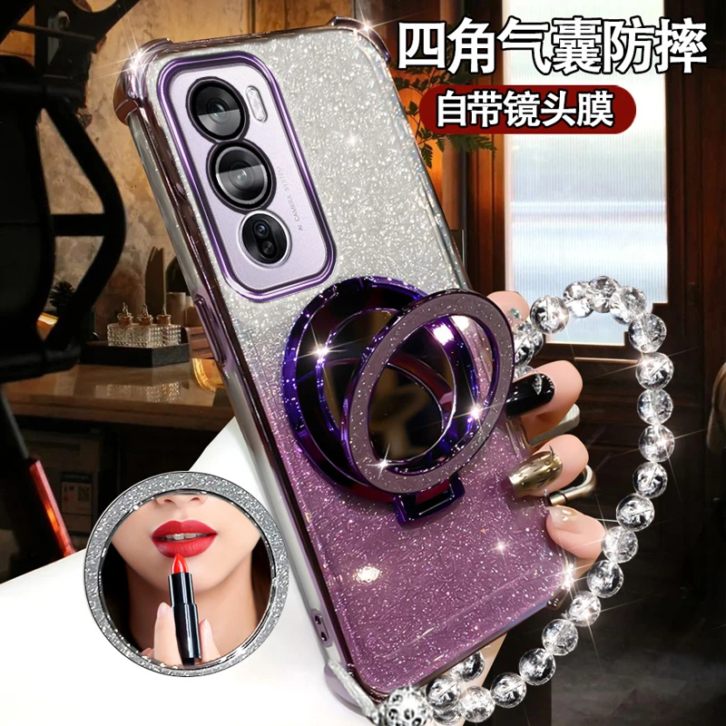 OPPOReno12pro曲屏手机壳新款轻奢手链PJW110高级感化妆镜支架pro