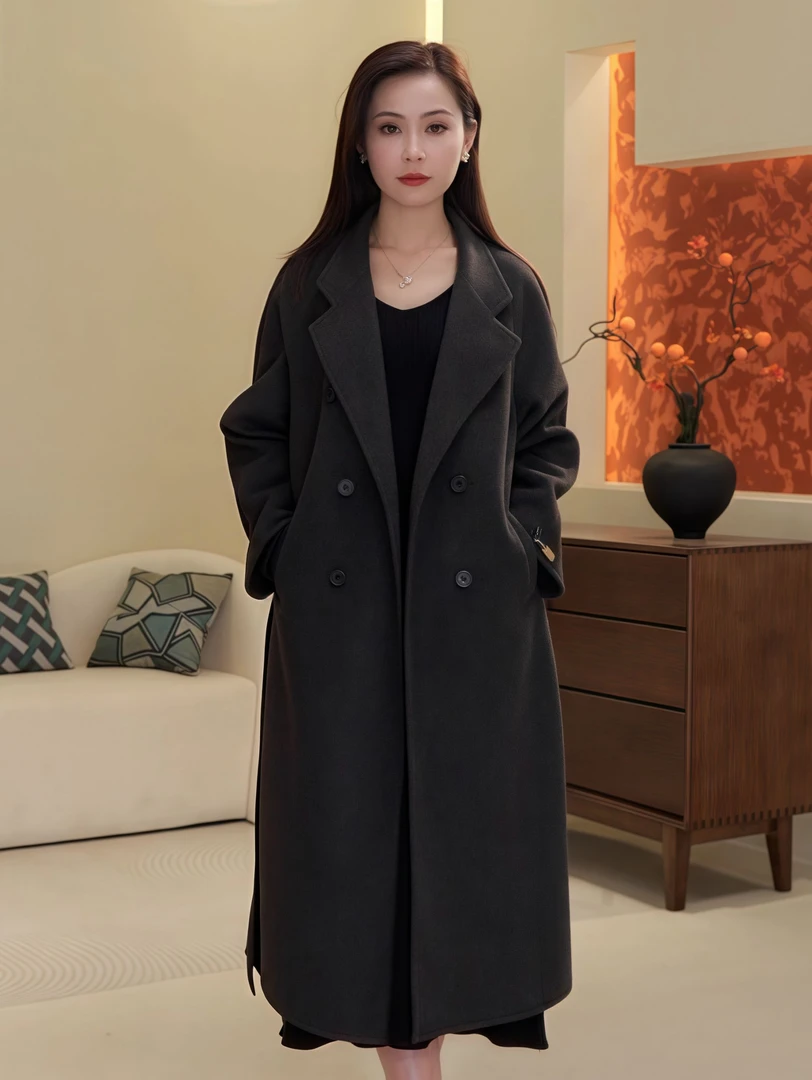 2024秋冬时尚韩版中长款气质百搭毛呢宽松外套双排扣双面呢大衣