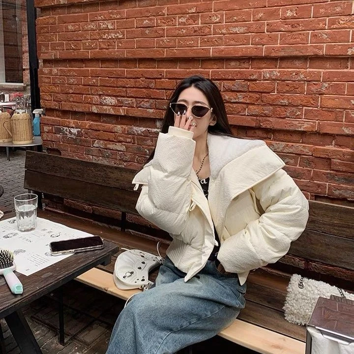 2023年冬季新款翻领短款休闲棉服女宽松韩版小个子设计感棉衣棉袄