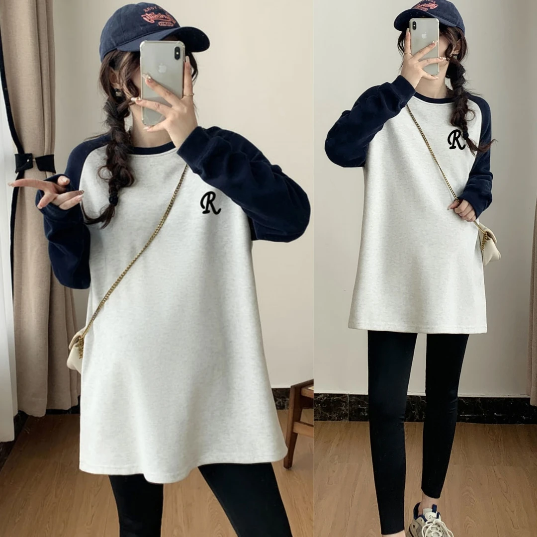 孕妇宽松圆领卫衣女孕晚期长袖拼接百搭美式大码胖mm上衣孕妇装