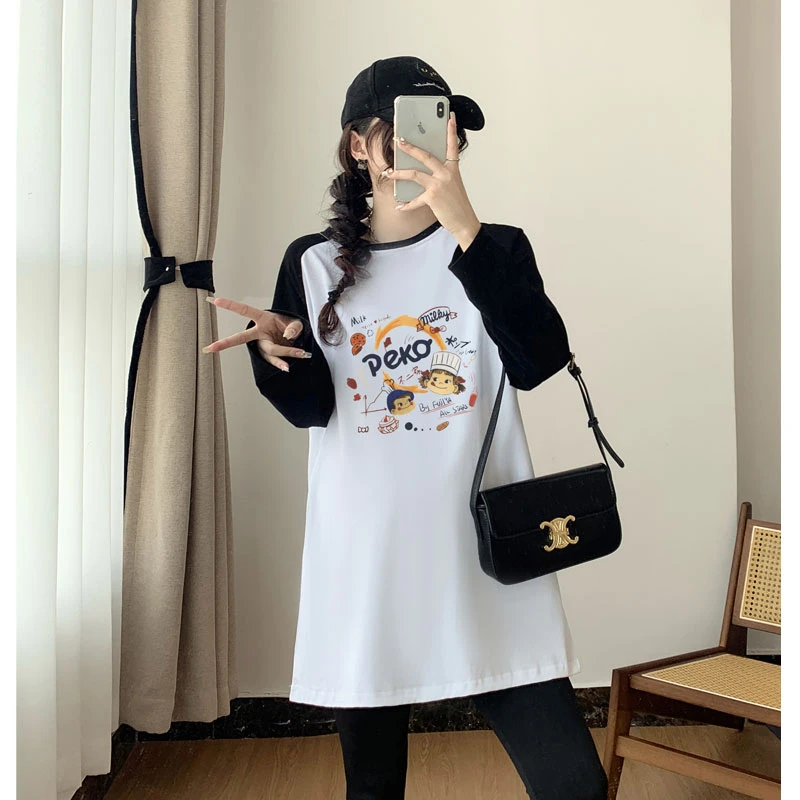 孕妇大码孕妈纯棉衣服上衣t恤女打底衫中长款宽松拼接款孕妇装