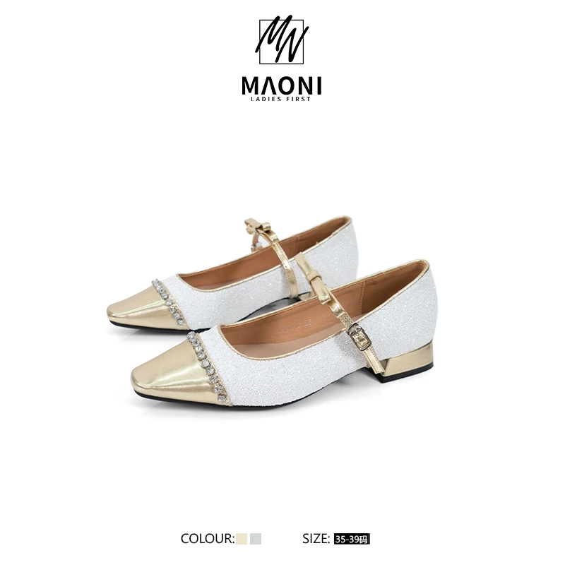 毛妮Peshe【闪钻芭蕾】法式名媛风拼接粗跟玛丽珍单鞋 DX8783