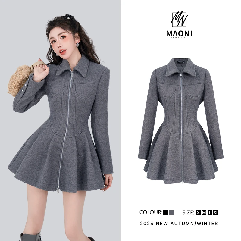 毛妮Peshe【名媛千金】法式修身显瘦束腰鱼骨呢子女装连衣裙女D8828