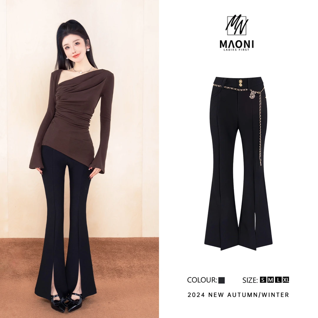 毛妮Peshe【微喇女王】2025秋冬法式修身显瘦百搭休闲裤配腰链L1079