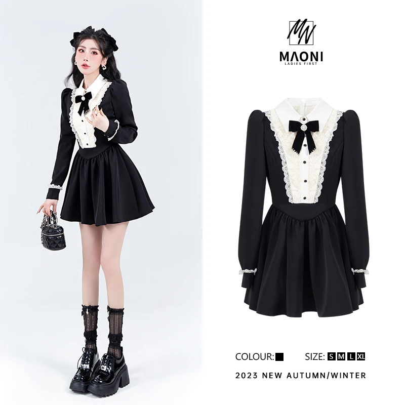 毛妮LADIESFIRST【甜酷气质】2025春反季法式拼接连衣裙配领结D8918