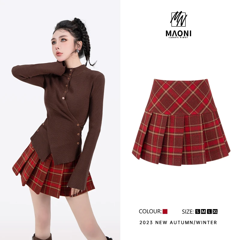 毛妮LADIESFIRST【红色格子】热力感 高腰a字格纹百褶短裤裙女D8859