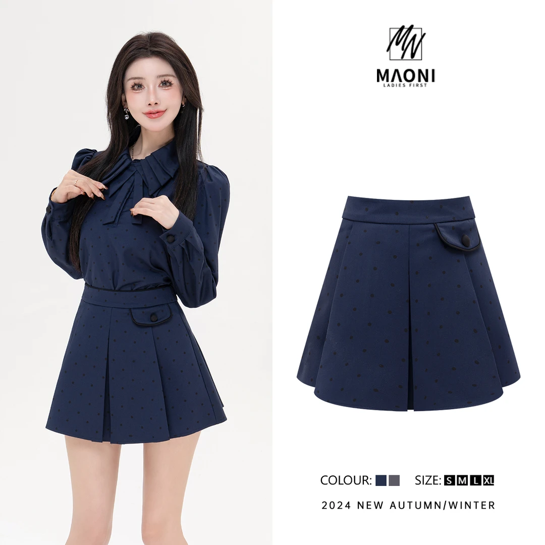 毛妮Peshe【灰调格雷】波点高腰压褶时髦半身短裤裙女2025秋款D9746