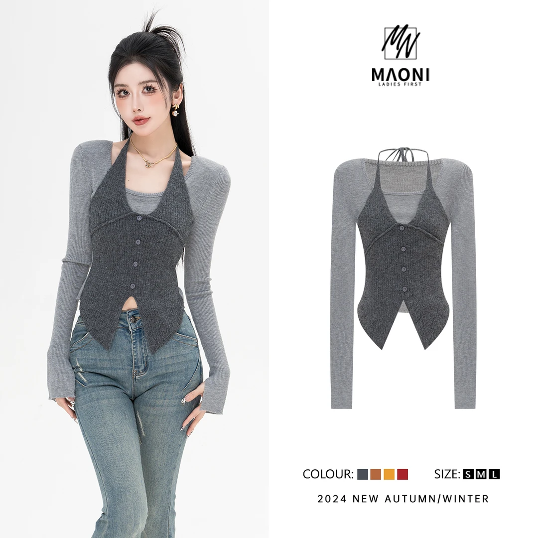 毛妮Peshe【挂脖辣妹】2025冬假两件时髦穿搭显瘦纯欲毛针织衫D9875