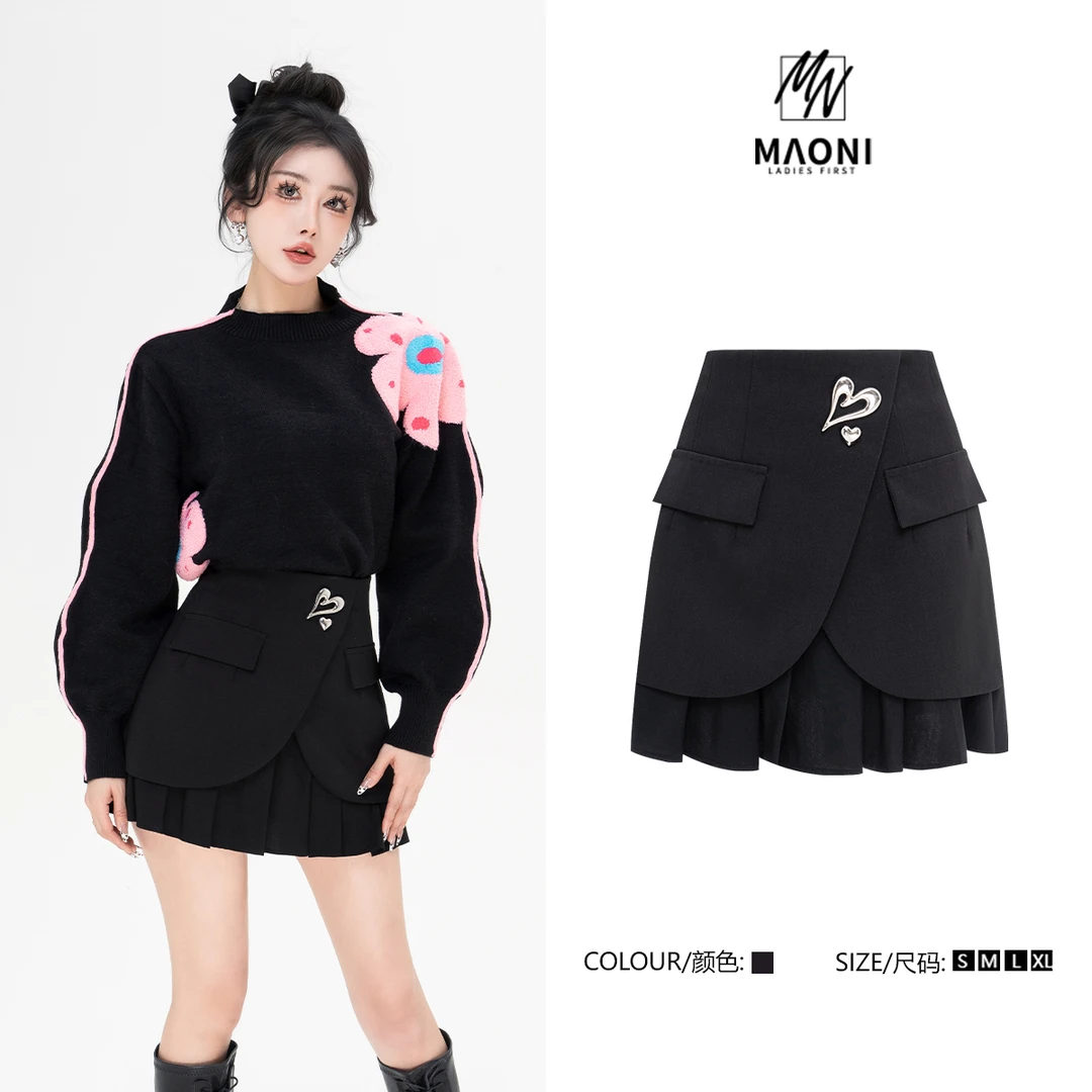 毛妮Peshe【心之恋】高腰时髦半身拼接显瘦百搭短裤裙2025秋款D9588