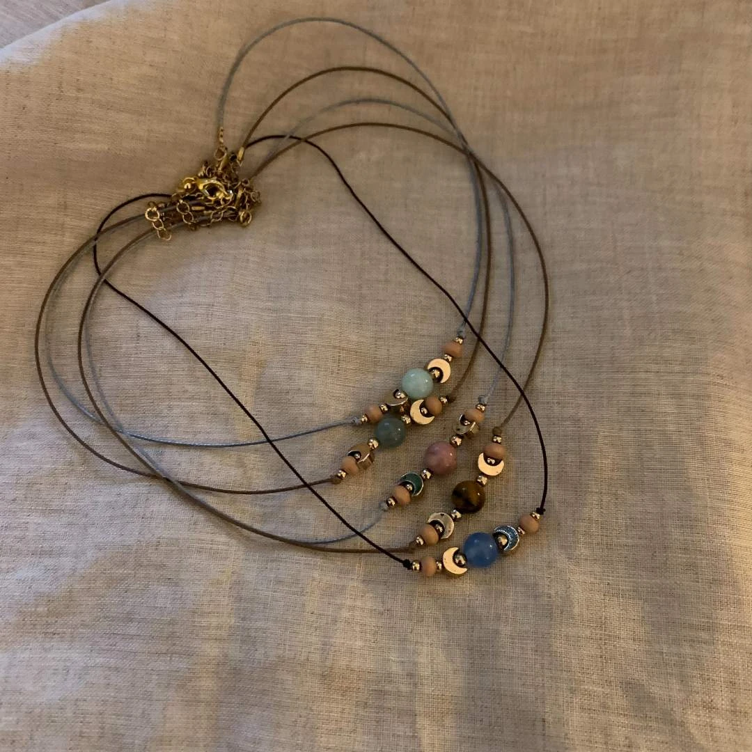 合金布艺项链 可调节百搭气质时尚手工 天然石项链