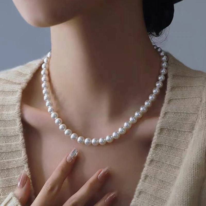 非金属仿珍珠项链 双11爆款元宝扣S925银施家正圆暖光锁骨链4-8mm