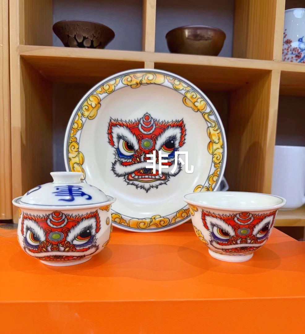 旋转悬停醒狮三才盖碗国潮文创大壶承布袋盖碗家用陶瓷高档茶碗