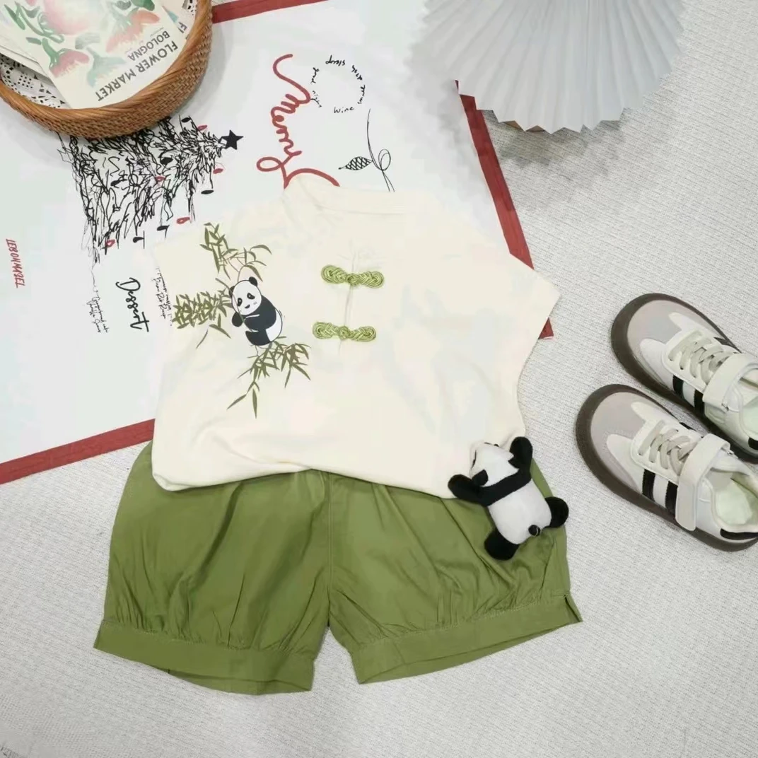 男童夏季汉服男宝宝中国风可爱小熊猫无袖上衣宽松灯笼短裤两件套