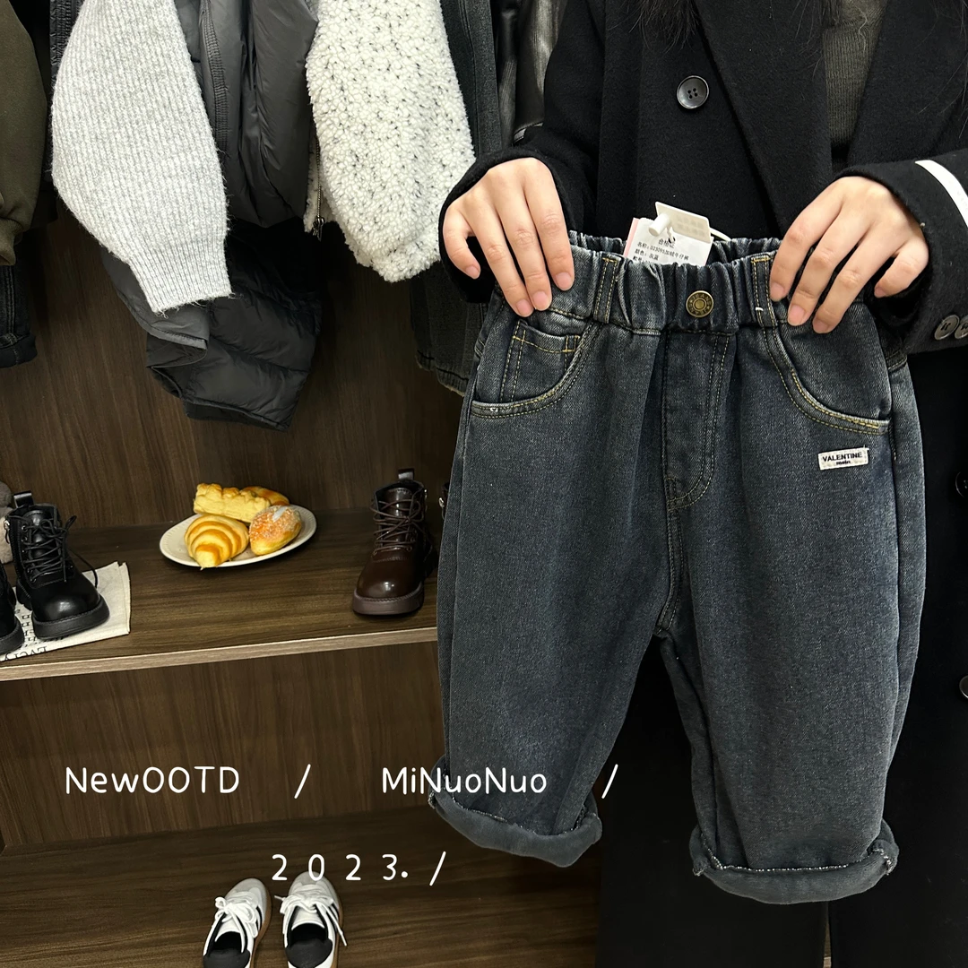 【美鸭家】2023儿童男童冬款加绒牛仔裤冬季韩设计师款牛仔裤D23095