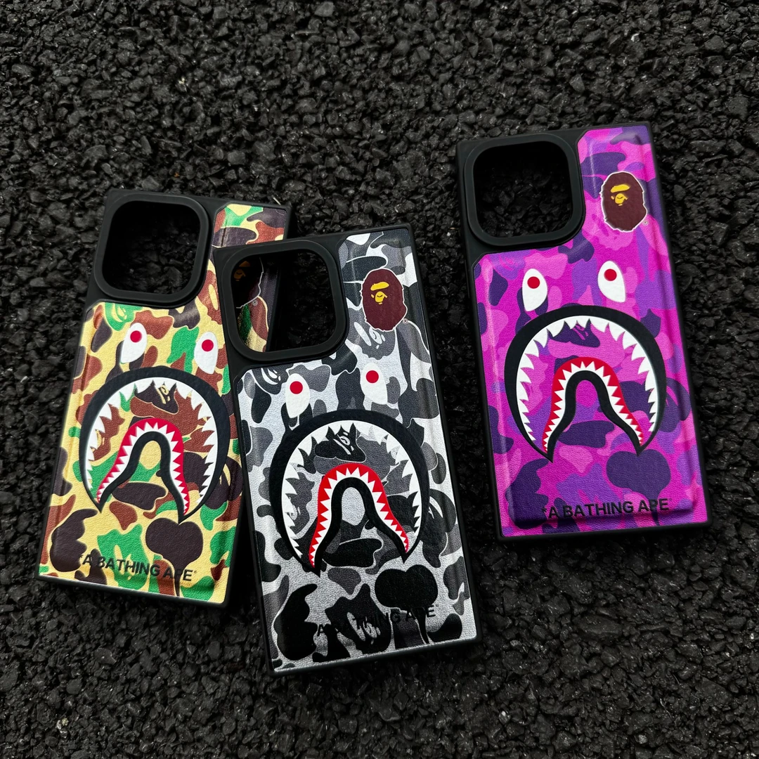 皮质迷彩鲨鱼适用苹果16promax方形手机壳iPhone15plus新款创意14