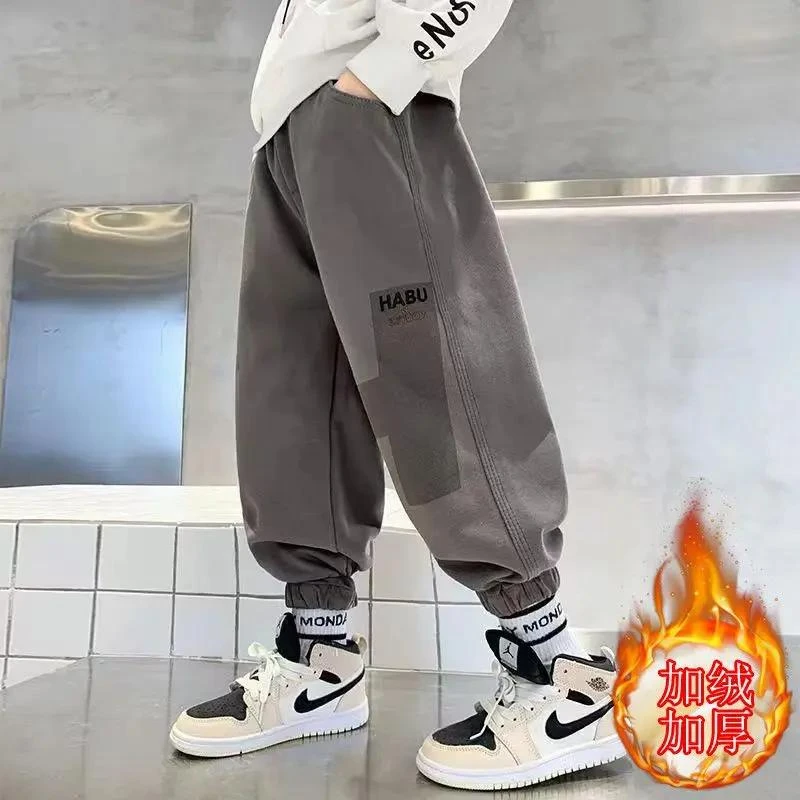 男童加绒裤子2023新款儿童秋冬装运动卫裤男孩韩版一体绒休闲裤潮