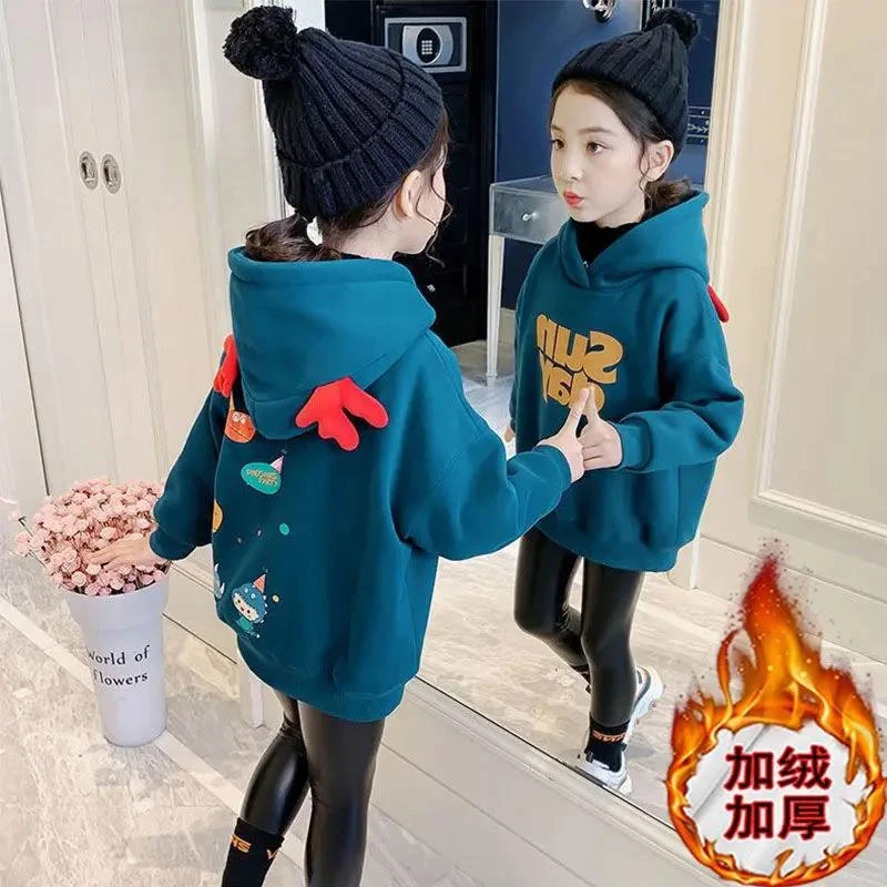 女童卫衣加绒加厚冬装2023新款洋气女孩卡通连帽衣服冬季儿童上衣