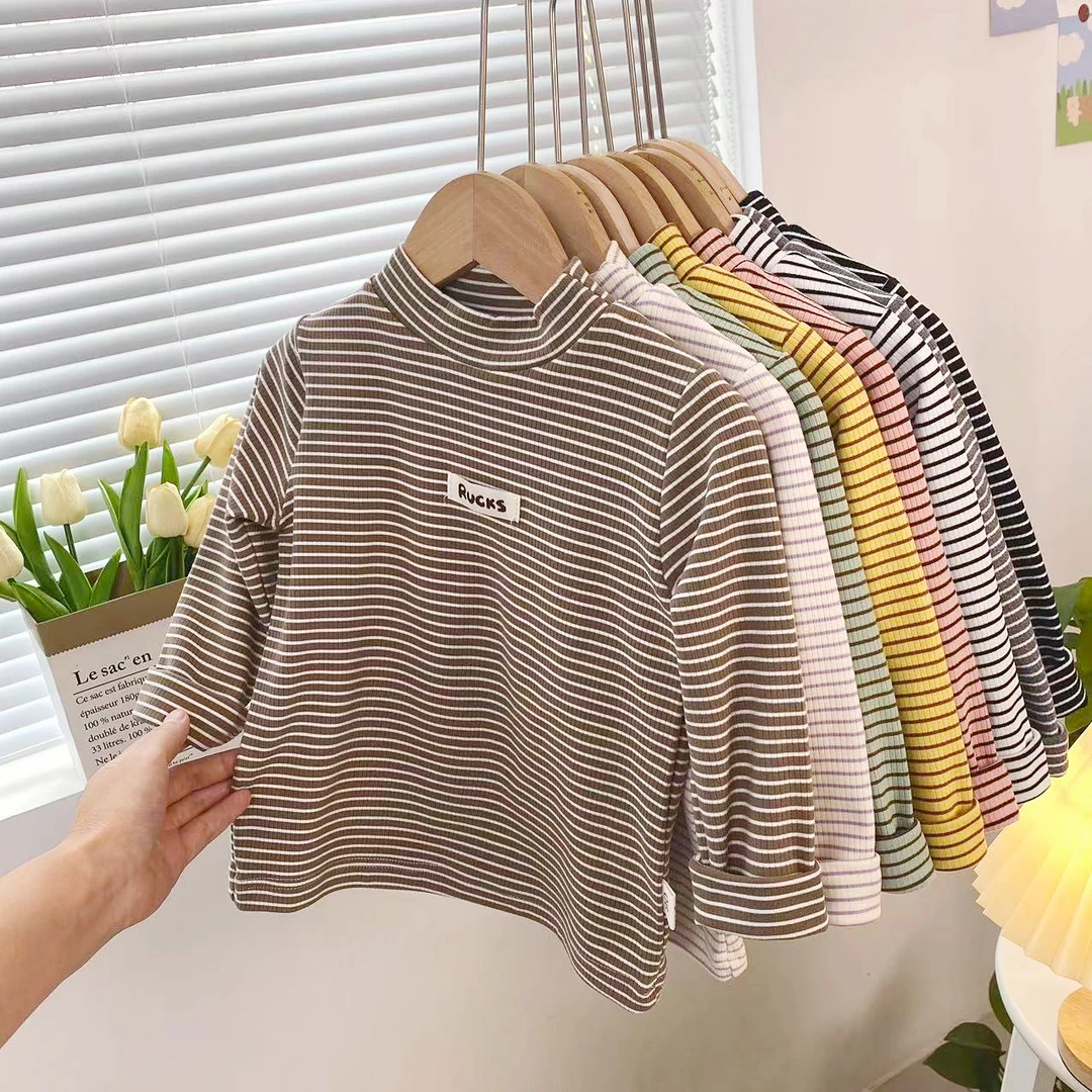 高弹力儿童打底衫春秋半高领条纹T恤长袖男女童上衣套头秋衣百搭