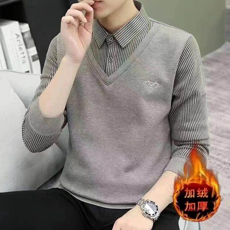 品搏秋冬新款刺绣假两件加绒加厚男士时尚条纹衬衫领双色