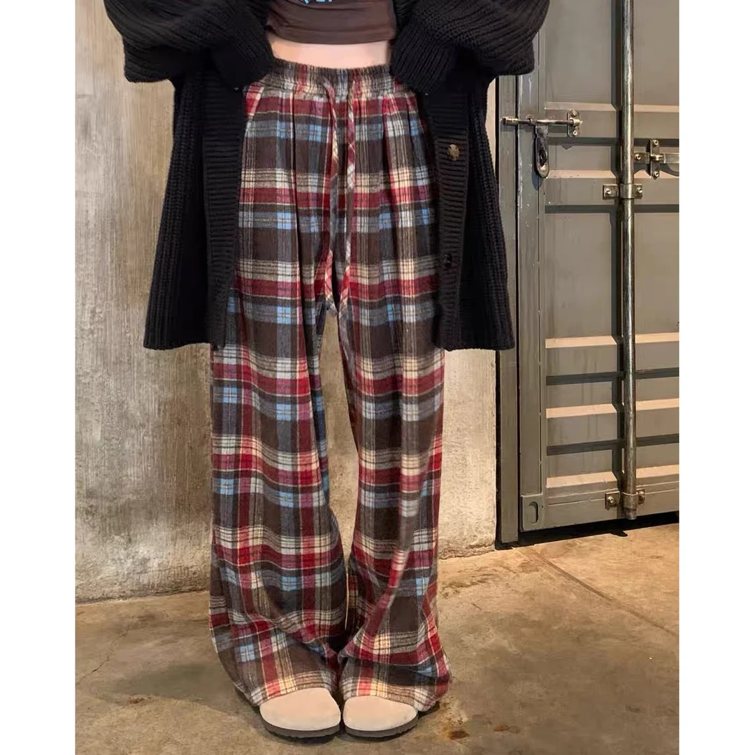 【草莓熊】显瘦高腰红色加绒加厚休闲格子裤秋冬复古百搭宽松阔腿裤