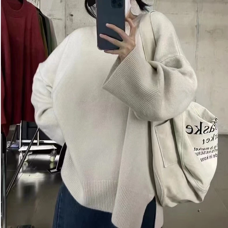 韩系慵懒风氛围感纯色圆领毛衣简约高级气质oversize显瘦针织衫女