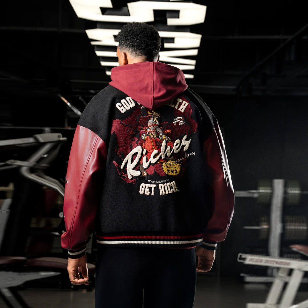 BD.POWER UP+财神爷国潮重磅刺绣棒球服原创新年夹克外套男宽松